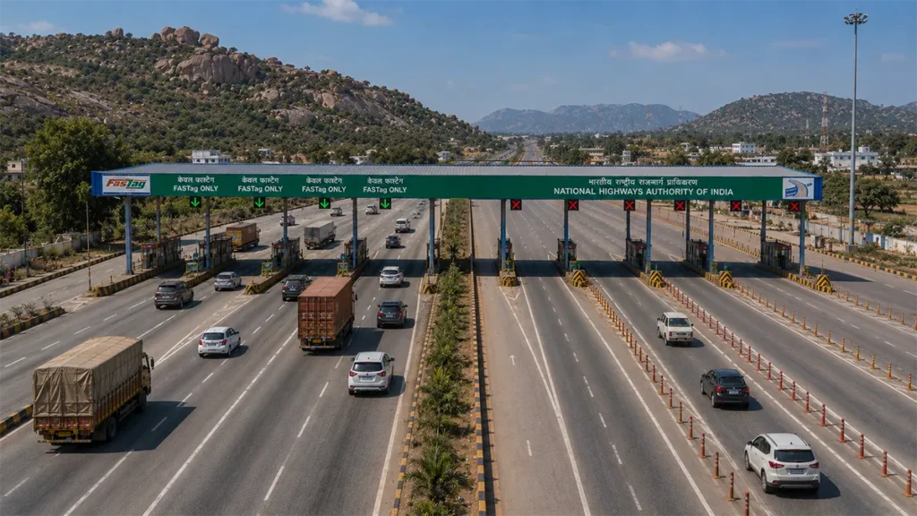 FASTag-enabled toll plaza on an Indian highway supporting digital toll collection infrastructure for MLFF India.