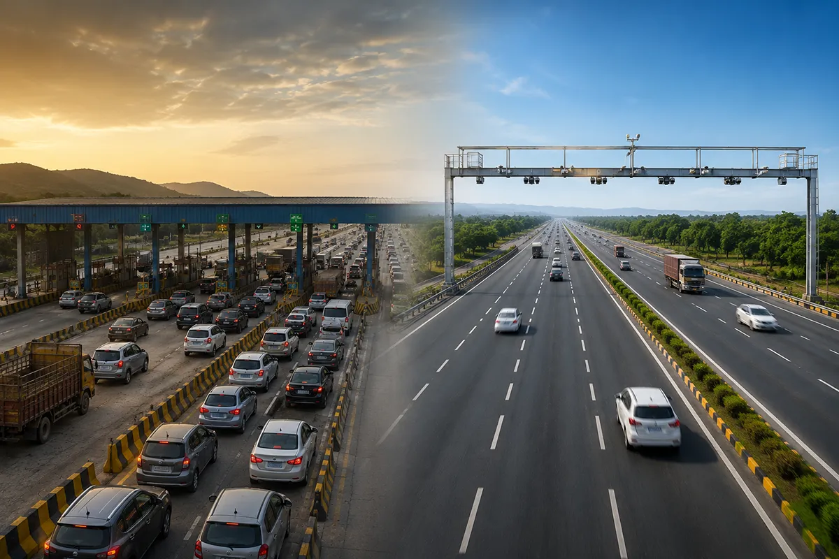 Split-view highway image showing congested traditional toll plaza traffic transitioning into a modern barrier-less MLFF highway corridor in India.